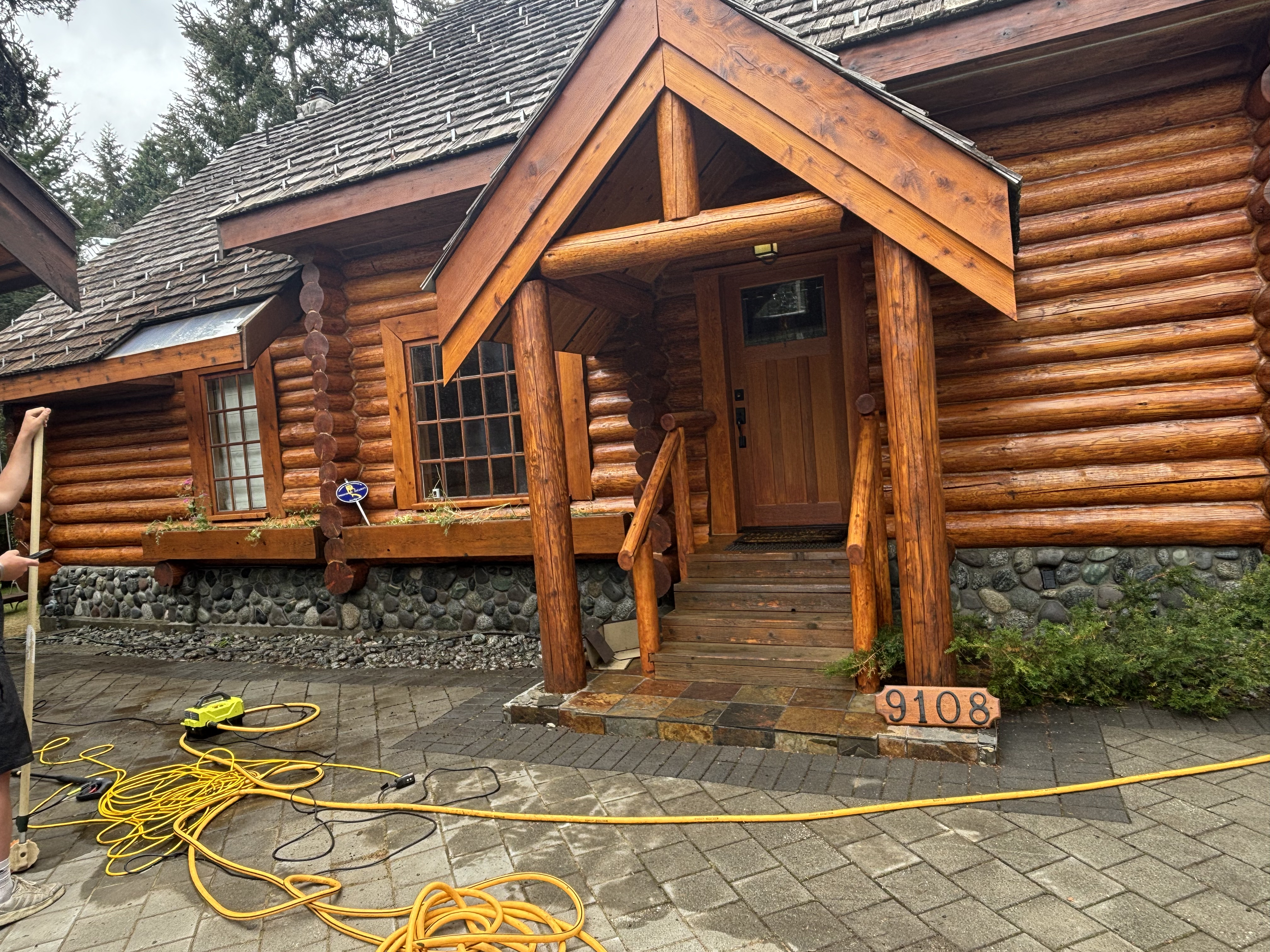 Close-up of stained logs showing grain and finish